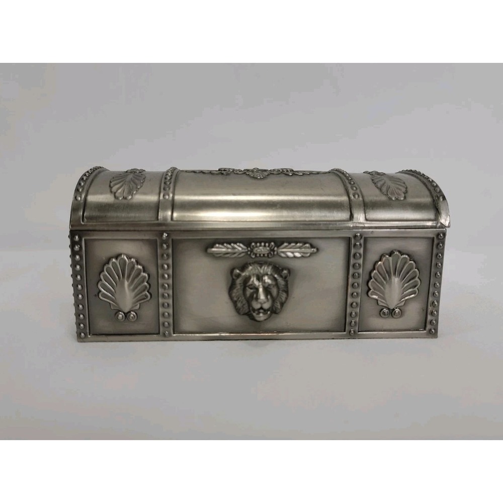 Vintage Silver-Tone Metal Trinket Box, Lions Head/Shell Mofits, Music Works